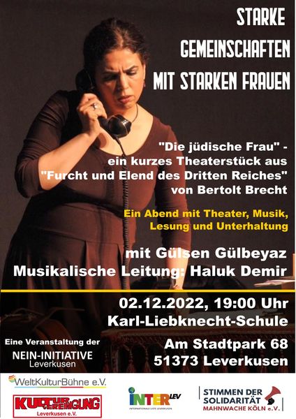 Veranstaltungsplakat. Starke Gemeinschaften mit starken Frauen. Die jüdische Frau. Bertolt Brecht.