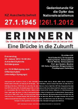 Flugblatt: »Erinnern – eine Brücke in die Zukunft. KZ Auschwitz befreit 27.1.1945…«.