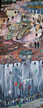 Schmales hochformatiges Bild: Im Vordergrund hohe Mauer, darauf blutende Friedenstaube. Luftballons schweben auf die andere Seite. Vor der Mauer Menschen auf einem mit Käfigen verschlossenen Weg. Hinter der Mauer Wachturm mit Gewehrläufen. Ein Bagger zerstört Häuser.