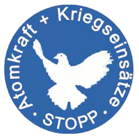 Button: Weiße Taube auf blauem Grund. »Atomkraft + Kriegseinsätze Stopp«.